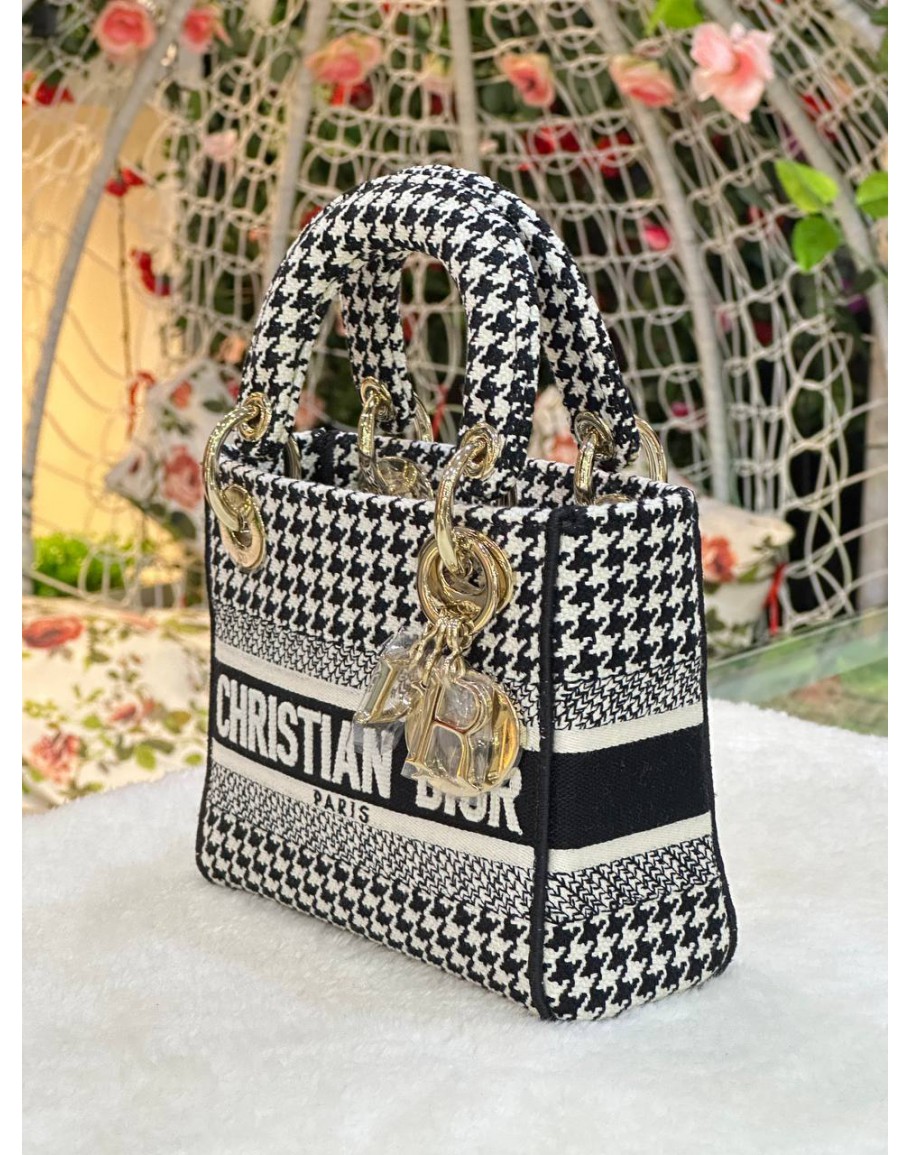 CHRISTIAN DIOR MINI LADY DIOR D-LITE HANDLE HANDBAG HOUNDSTOOTH